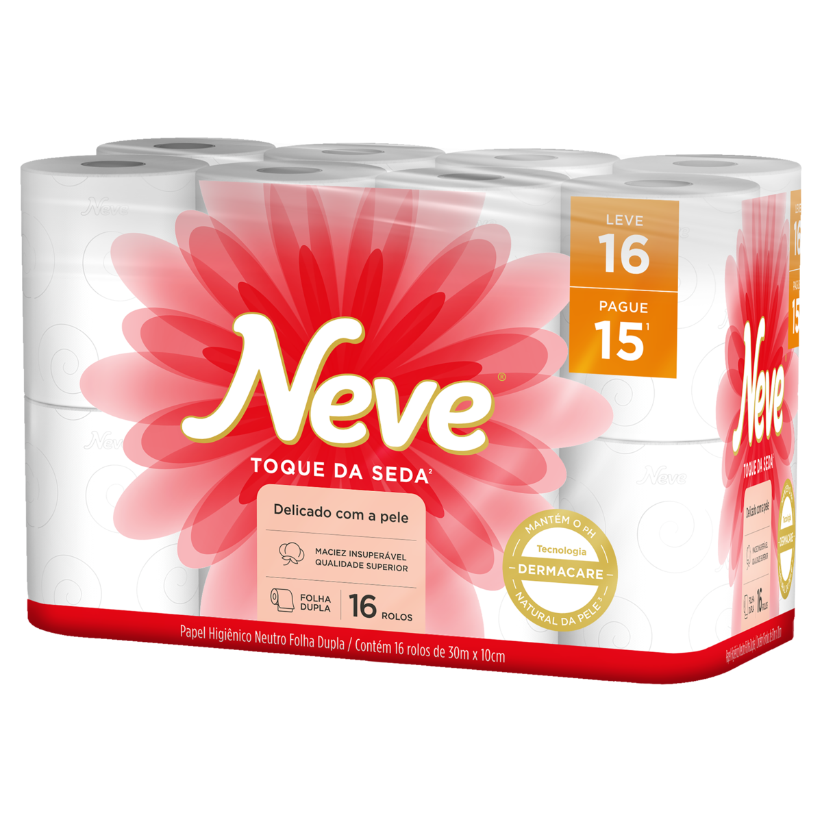 Papel Higiênico Folha Dupla Neutro Neve Toque da Seda 30m Pacote Leve 16 Pague 15 Unidades