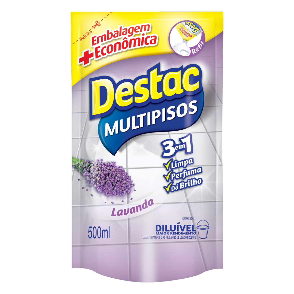 Limpador Multipisos Diluível Lavanda Destac Sachê 500ml Refil Embalagem Econômica
