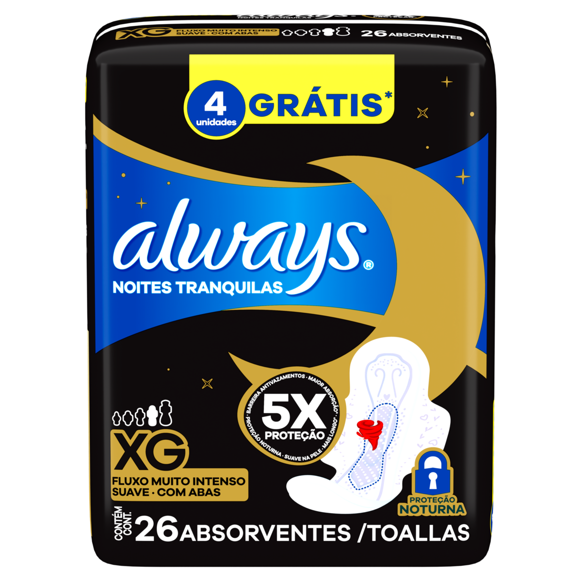 Absorvente com Abas Suave Always Noites Tranquilas XG Pacote 26 Unidades Grátis 4 Absorventes