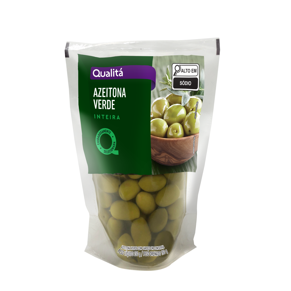 Azeitona Verde em Conserva Inteira com Caroço Qualitá Sachê 150g