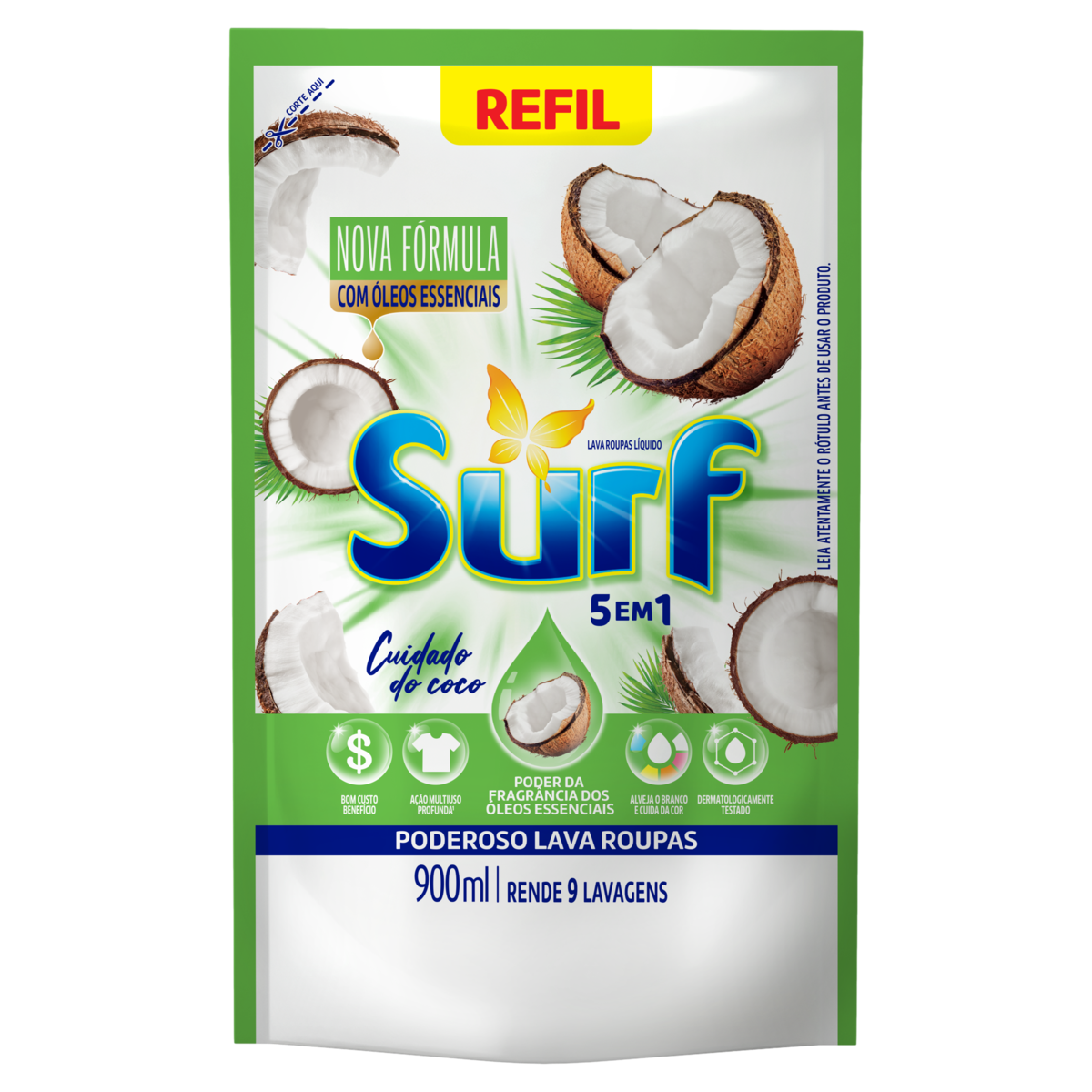 Lava-Roupas Líquido Cuidado do Coco Surf Sachê 900ml Refil