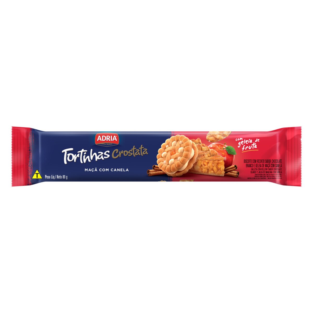 Biscoito Recheio Chocolate Branco e Geleia de Maçã com Canela Adria Tortinhas Crostata Pacote 80g