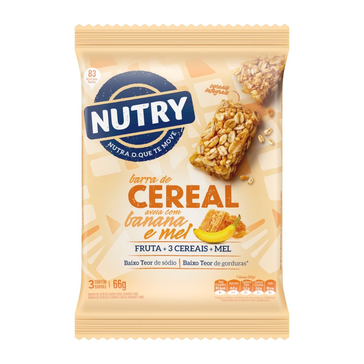 Cereal em Barra Sabor Banana, Aveia e Mel Light NUTRY 66g Pacote com 3 Unidades