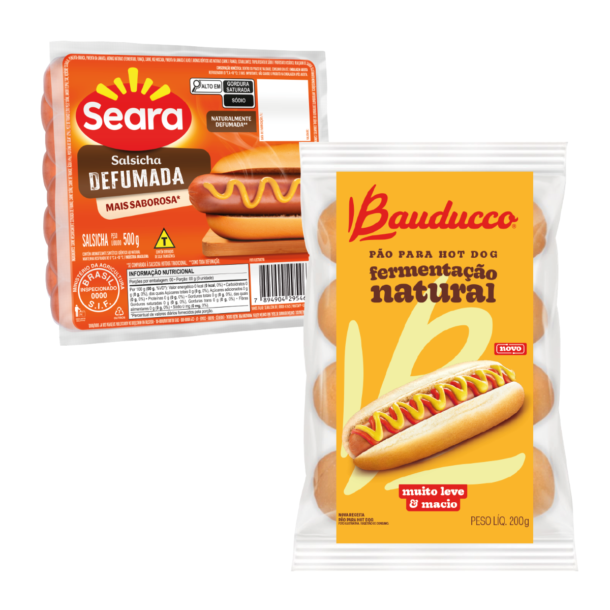 Kit Hot Dog Defumada - Salsicha Defumada 500g + Pão Hot Dog Bauducco