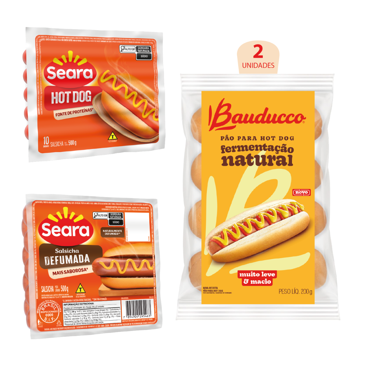 Kit Hot Dog Completo - Salsicha Hot Dog 500g + Salsicha Defumada + 2 Pães Hot Dog Bauducco