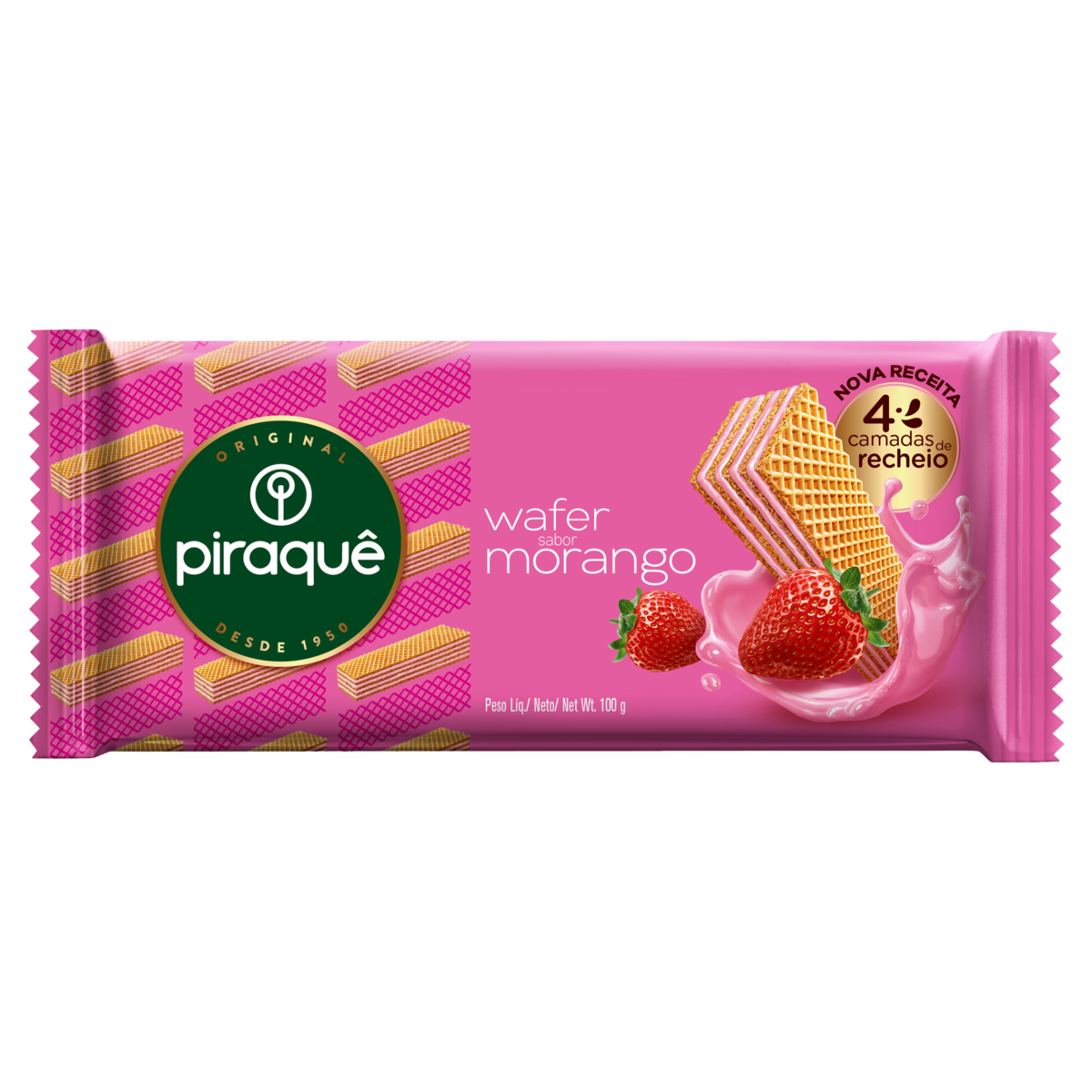 Biscoito Wafer Recheio Morango Piraquê Pacote 100g