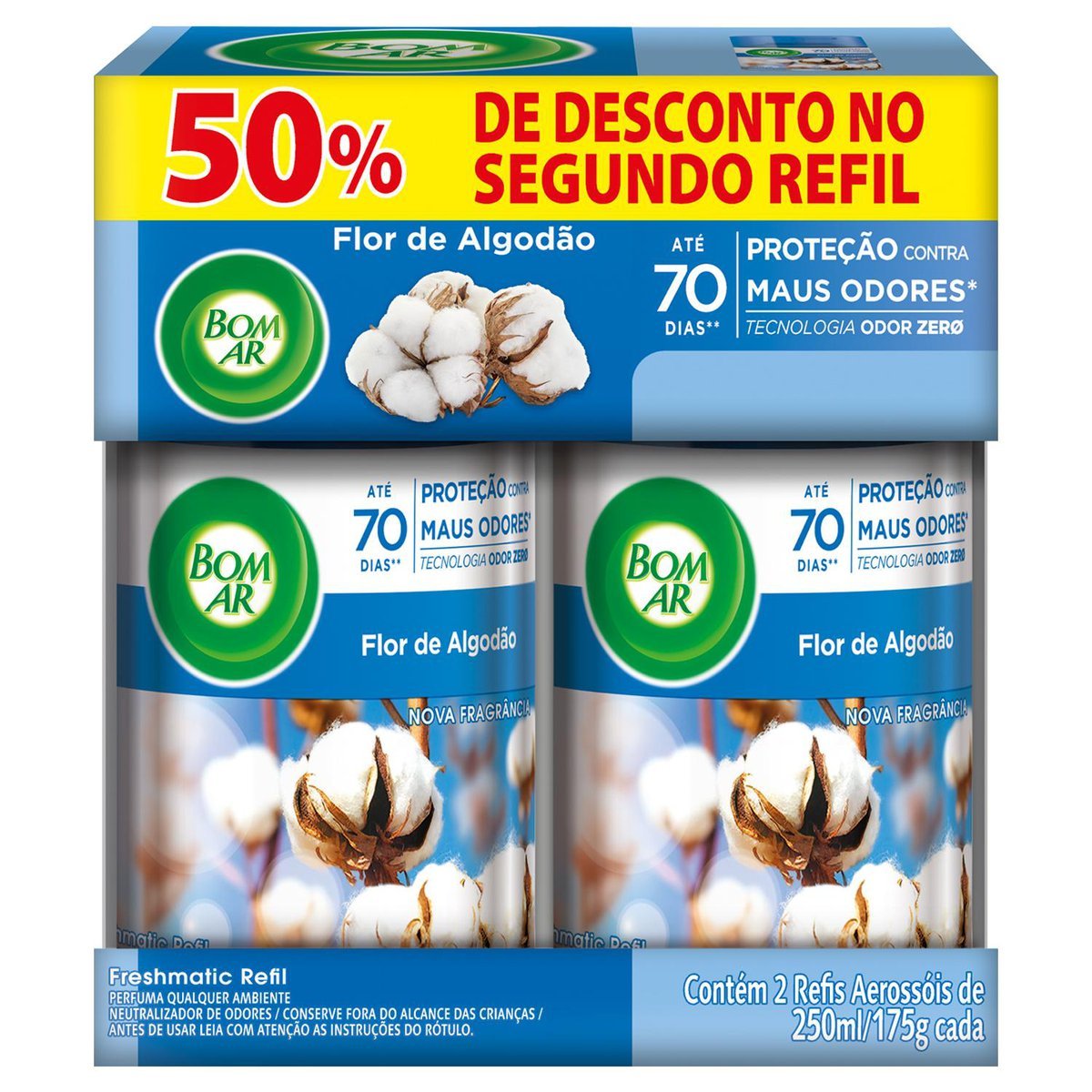 Pack Neutralizador de Odores Flor de Algodão Freshmatic Bom Ar Frasco 2 Unidades 250ml Cada Spray Grátis 50% de Desconto no Segundo Refil