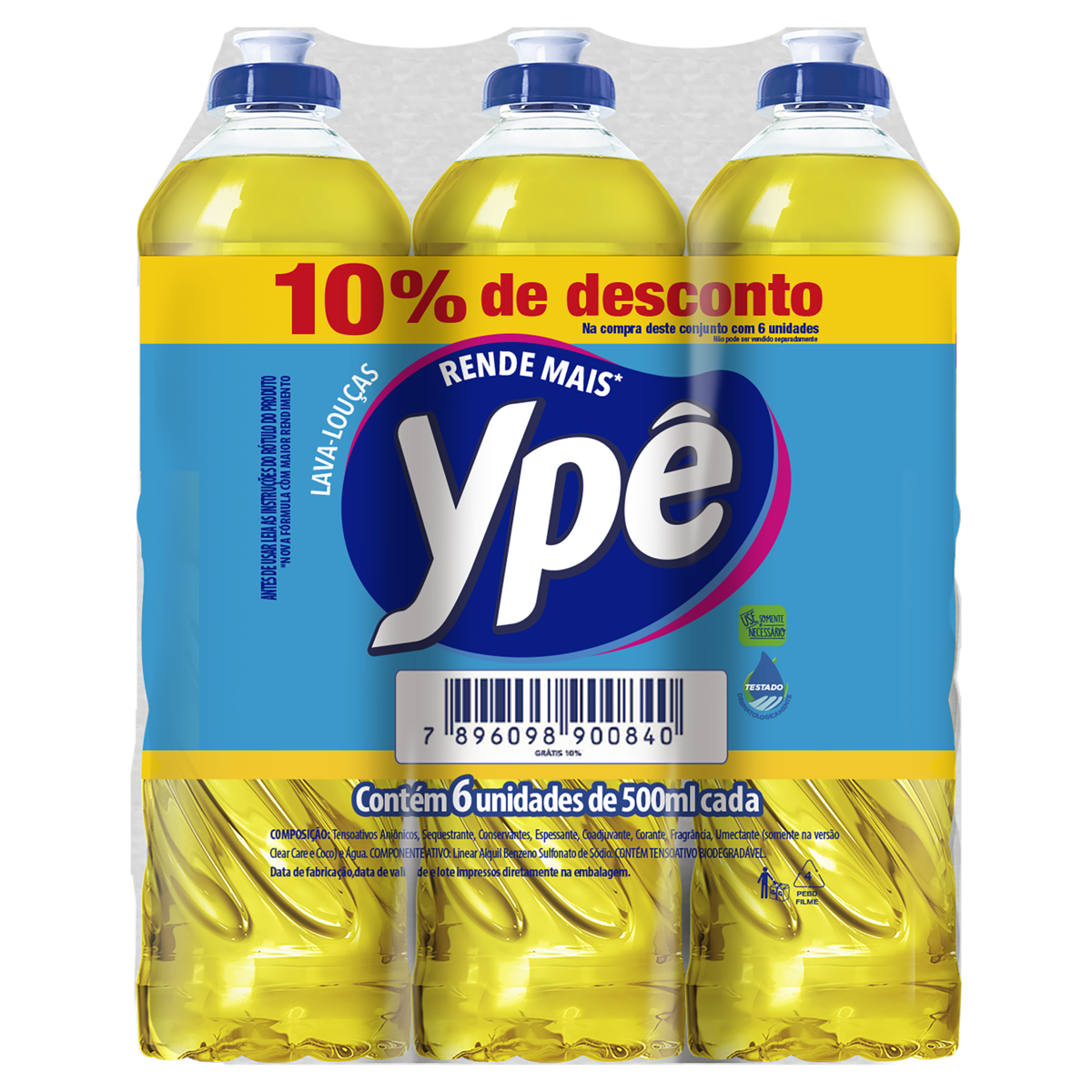 Pack Lava-Louças Líquido Neutro Ypê Squeeze 6 Unidades 500ml Cada Grátis 10% de Desconto