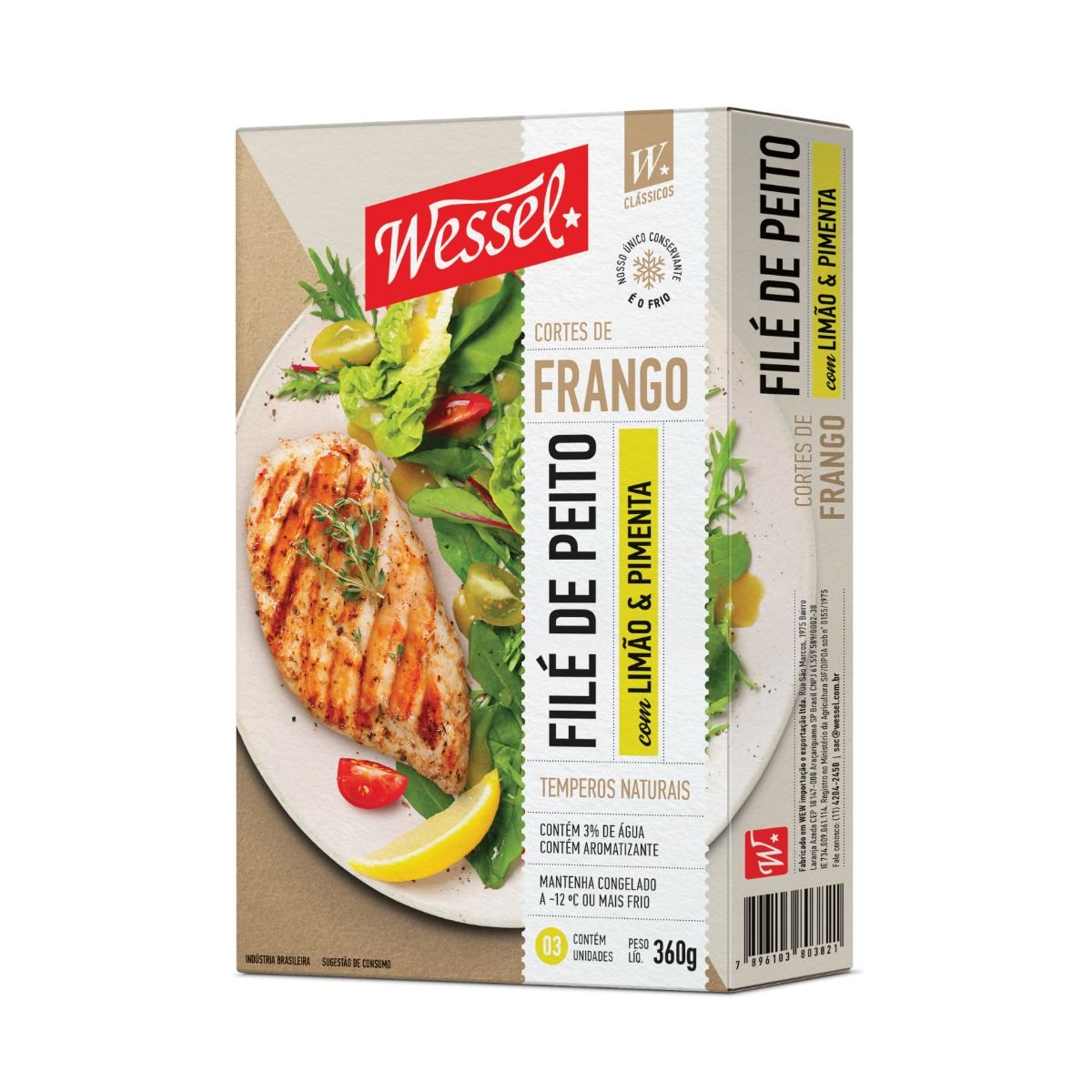 Filé de Peito de Frango Congelado Temperado Limão e Pimenta sem Osso Wessel 360g 3 Unidades