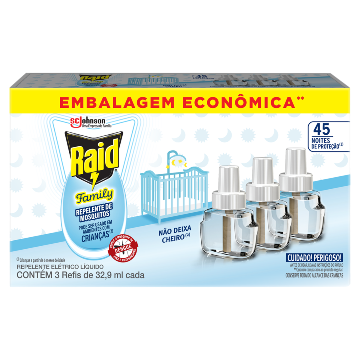 Repelente Líquido Elétrico 45 Noites Raid Family Caixa 3 Unidades 32,9ml Cada Embalagem Econômica