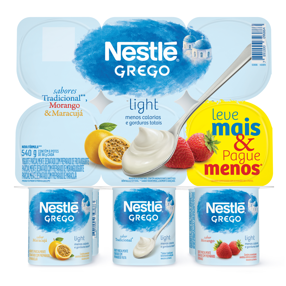 Iogurte Grego Tradicional + Morango + Maracujá Light Nestlé Bandeja 540g 6 Unidades Leve Mais Pague Menos