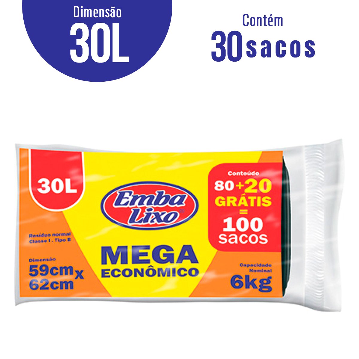 Saco para Lixo Tipo B 30l Embalixo 80 Unidades Grátis 20 Unidades Mega Econômico