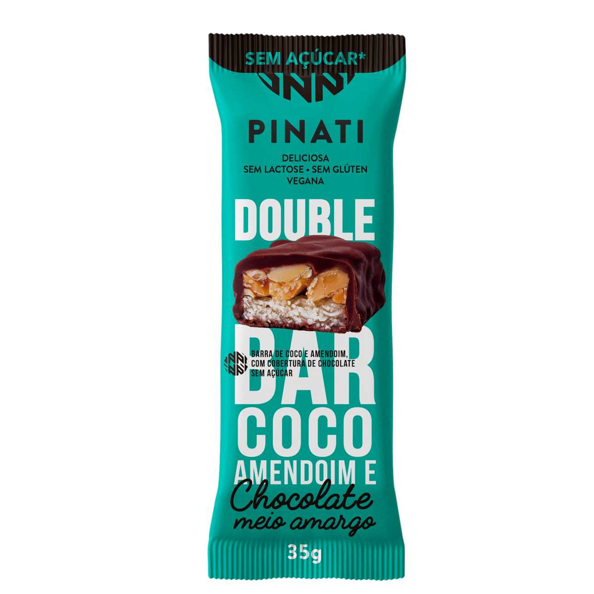 Barra de Nuts Coco e Amendoim Cobertura Chocolate Meio Amargo sem Açúcar Zero Lactose Super Saúde Pinati Double Bar Pacote 35g