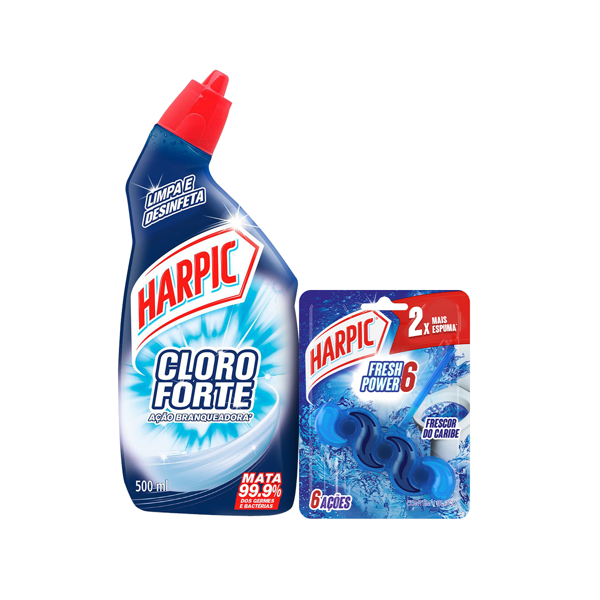 Kit Desinfetante Líquido Harpic Cloro Forte 500ml + Bloco Sanitário Harpic Fresh Power 6 Frescor do Caribe