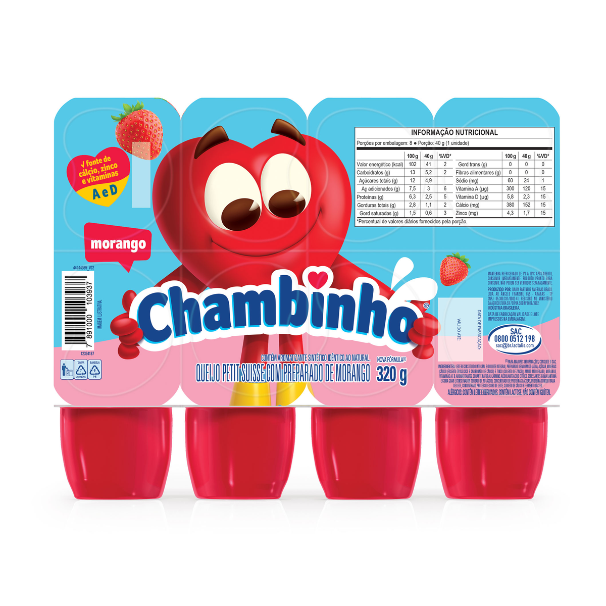 Petit Suisse Morango Chambinho Bandeja 320g 8 Unidades