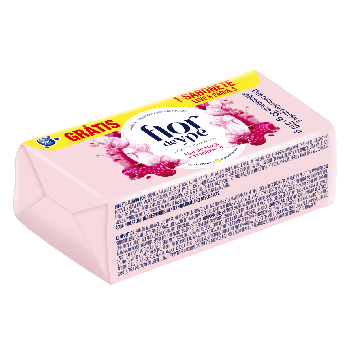 Pack Sabonete Barra Flor de Maçã e Framboesa Flor de Ypê Envoltório 510g Leve 6 Pague 5 Unidades