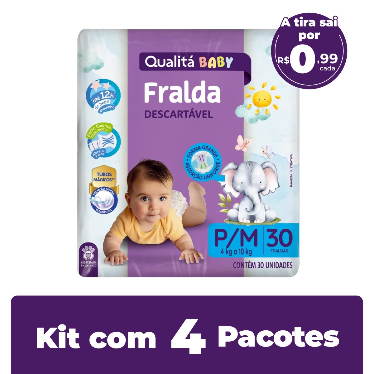 Kit com 4 Pacotes de Fralda Descartável Qualitá Baby M Pacote 30 Unidades