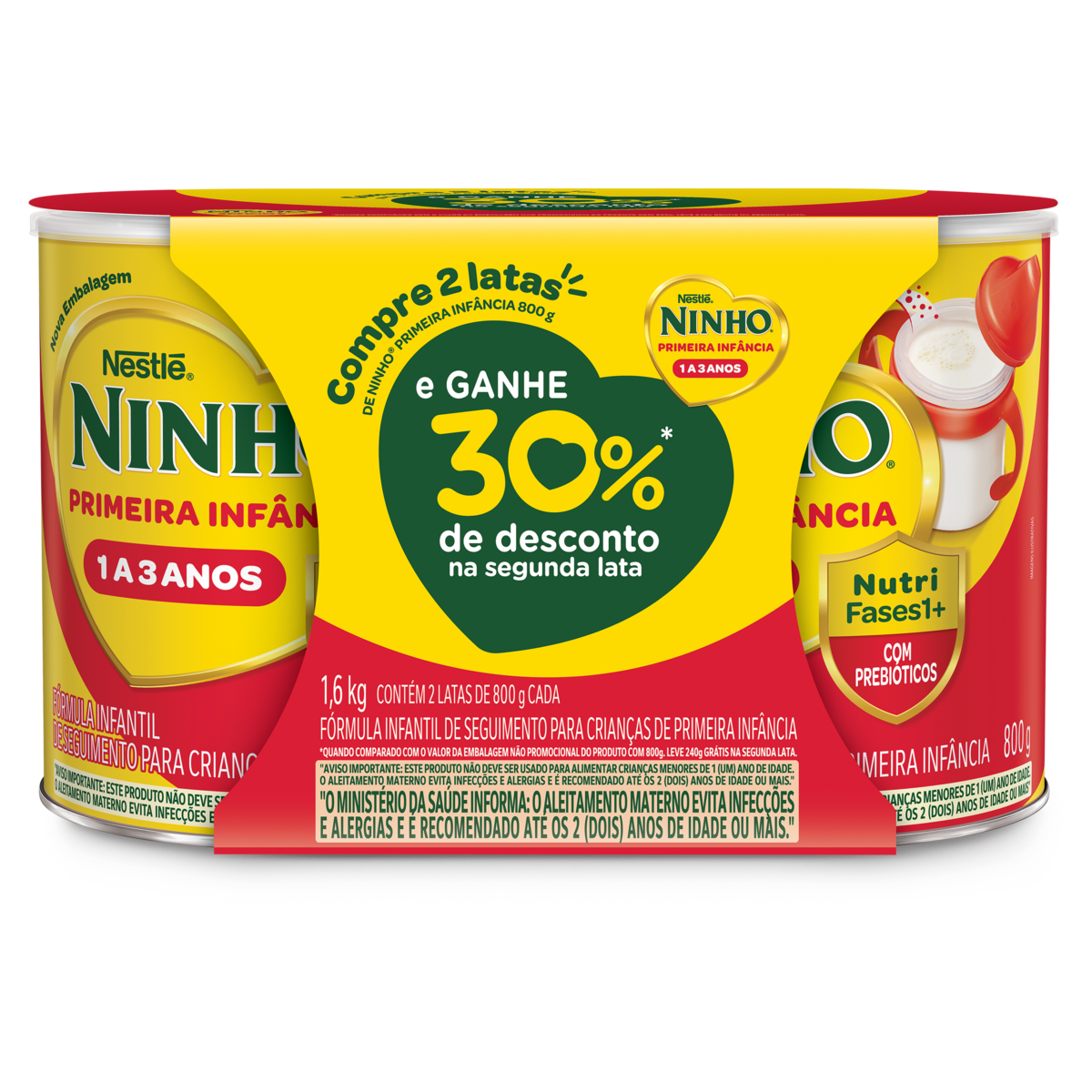 Pack Fórmula Infantil Ninho Fases 1+ Lata 2 Unidades 800g Cada Grátis 30% de Desconto na Segunda Lata