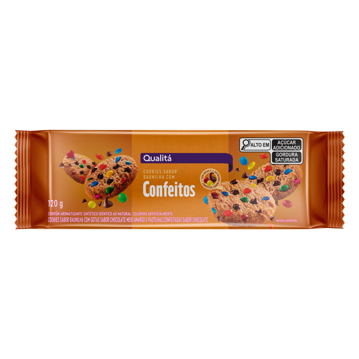 Biscoito Cookie Baunilha com Gotas e Confeitos de Chocolate Qualitá Pacote 120g