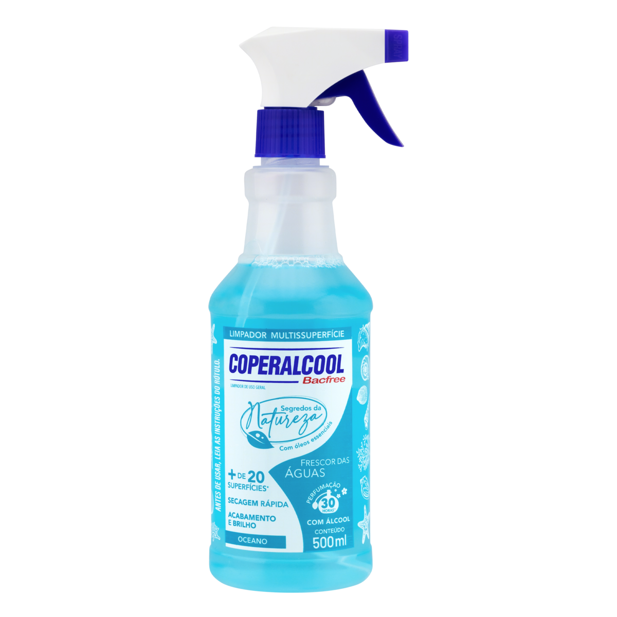 Limpador Líquido Multissuperfícies com Álcool Frescor das Águas Coperalcool Bacfree Segredos da Natureza Frasco 500ml Borrifador