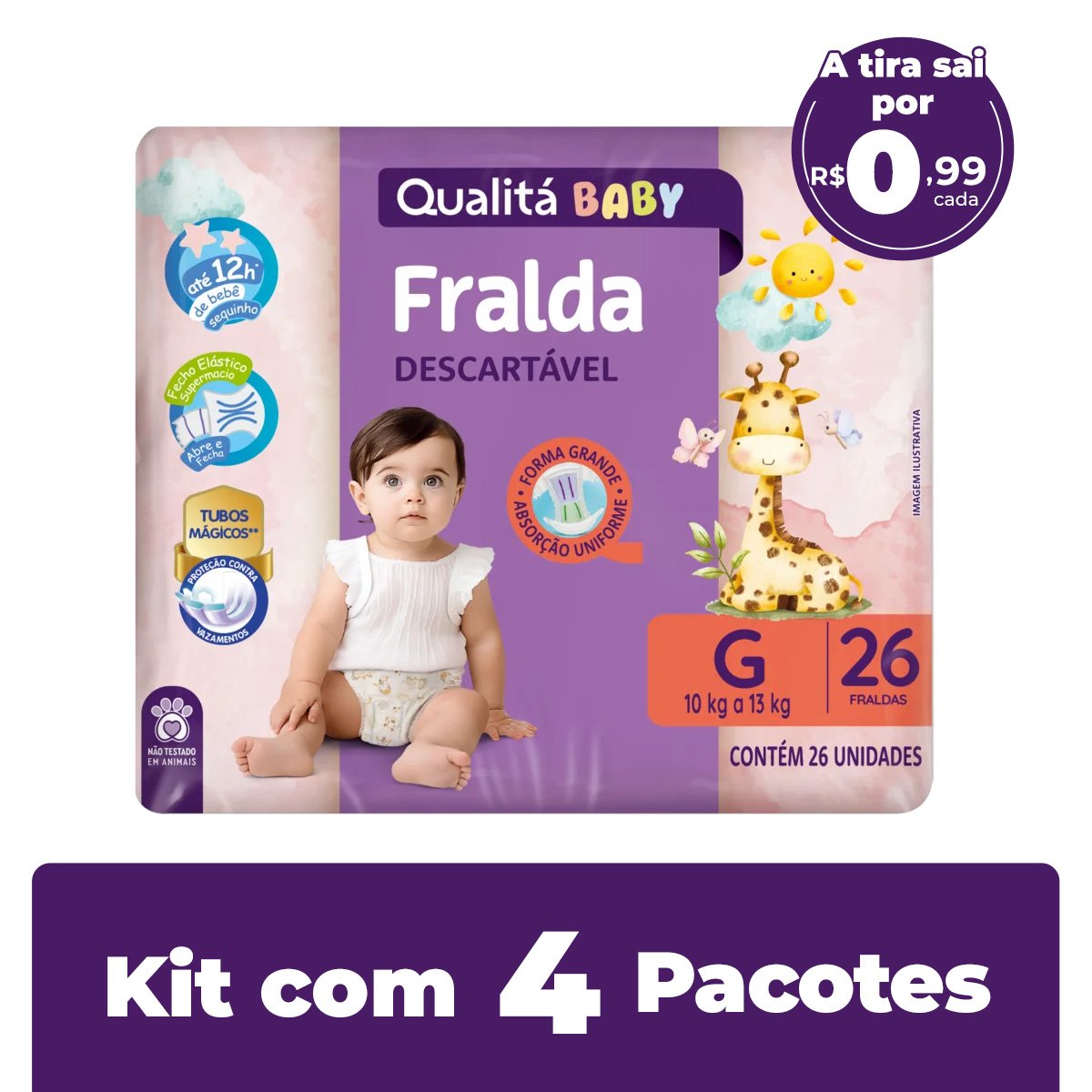 Kit com 4 Pacotes de Fralda Descartável Qualitá Baby G Pacote 26 Unidades