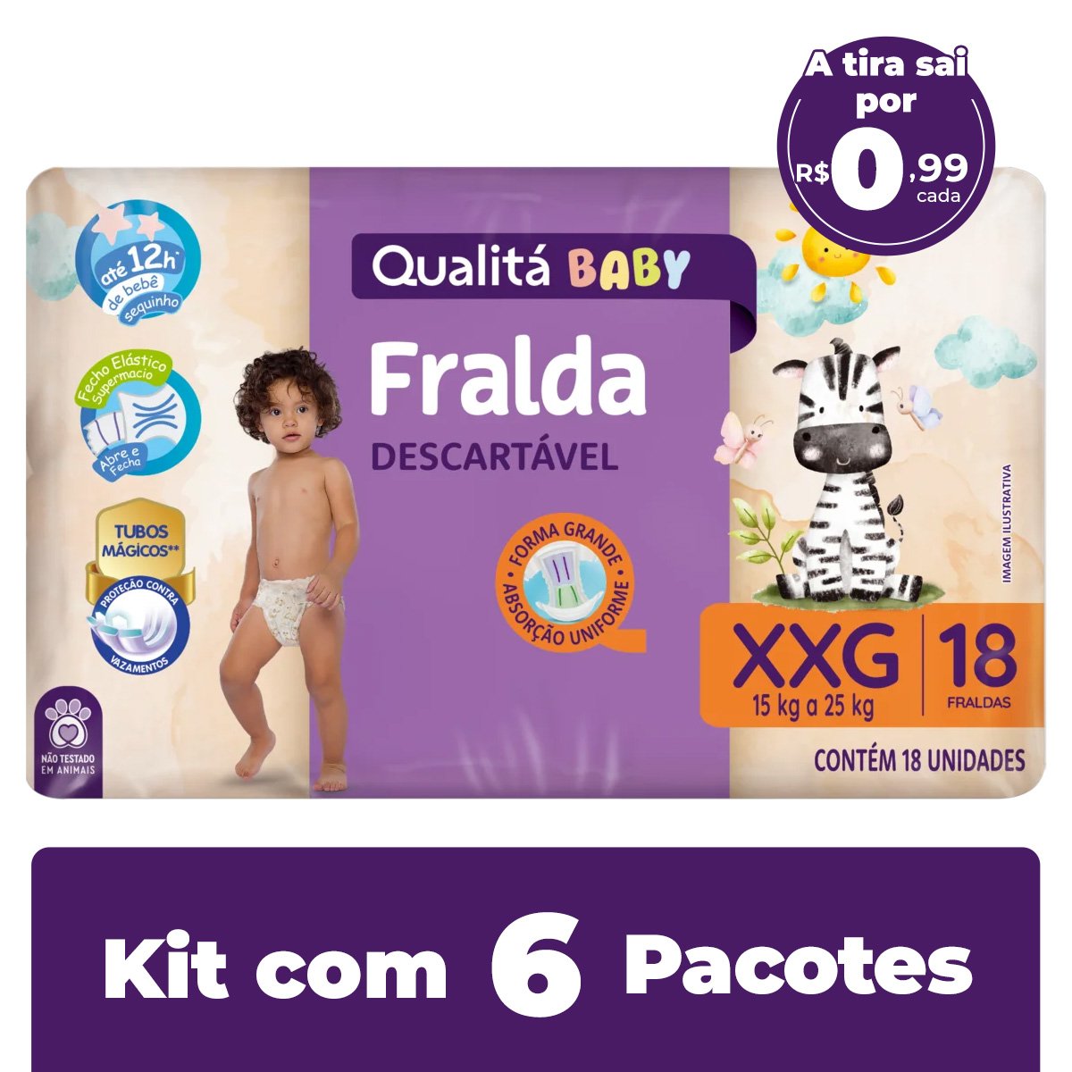 Kit com 6 Pacotes de Fralda Descartável Qualitá Baby XXG Pacote 18 Unidades