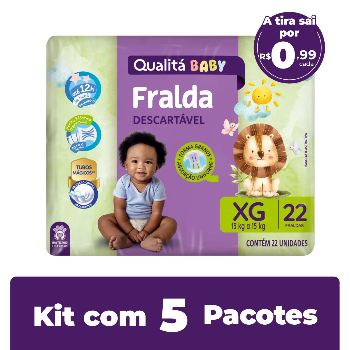 Kit com 5 Pacotes de Fralda Descartável Qualitá Baby XG Pacote 22 Unidades