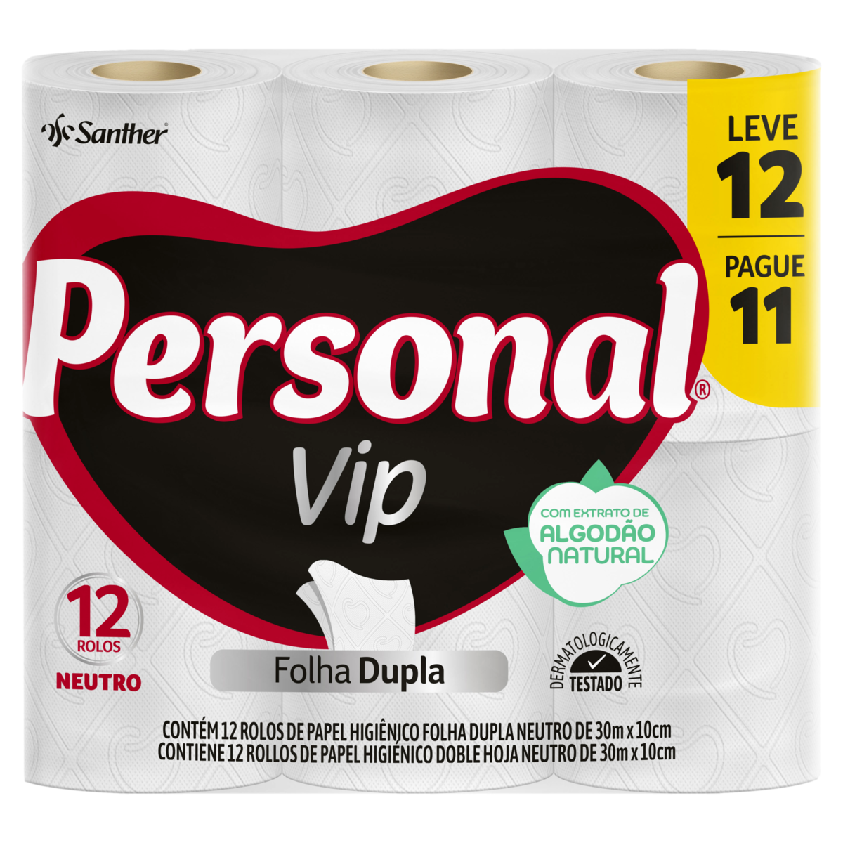 Papel Higiênico Folha Dupla Neutro Personal Vip 30m Pacote Leve 12 Pague 11 Unidades