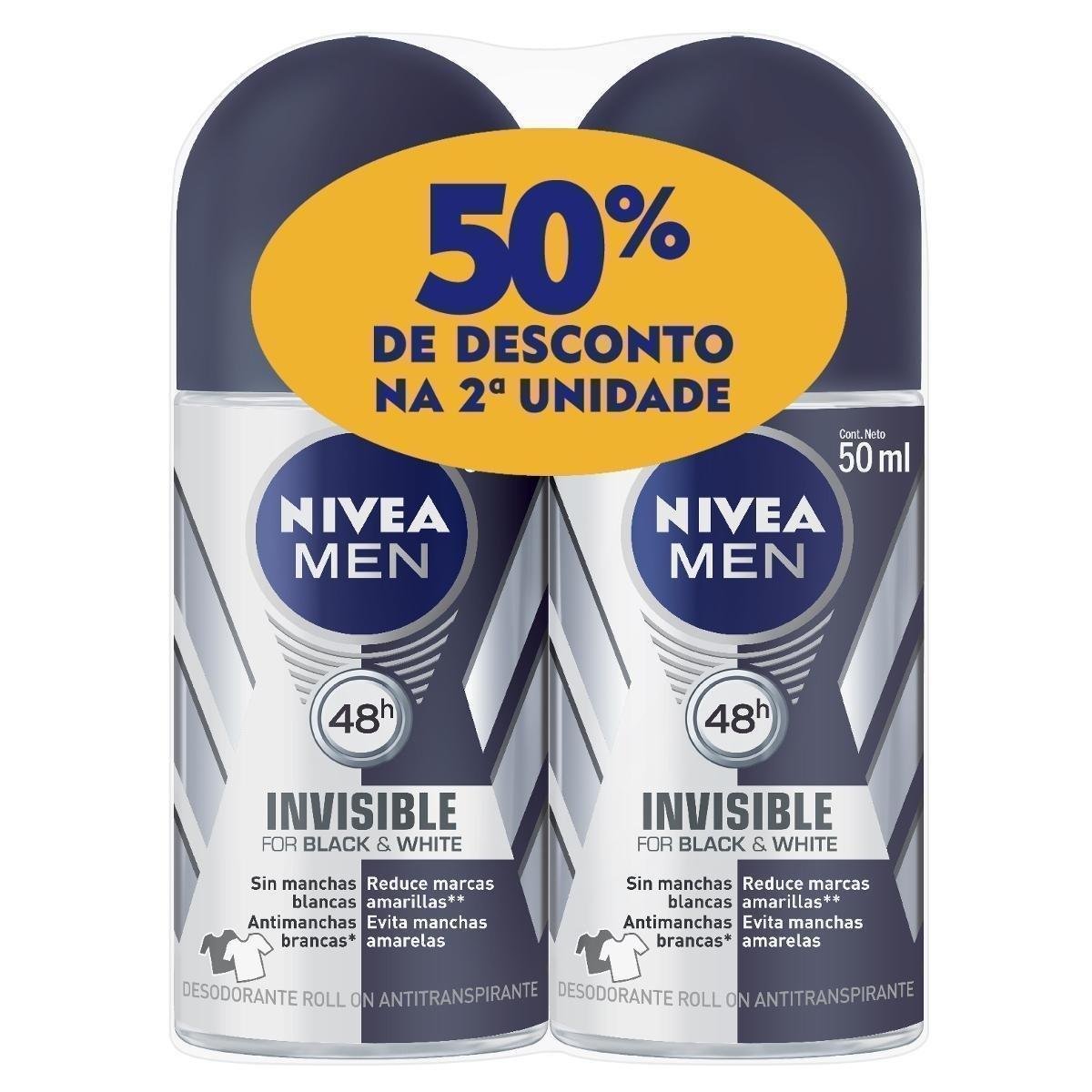 Pack Antitranspirante Roll-On Invisible Black e White Nivea Men 2 Unidades 50ml Cada Grátis 50% de Desconto na 2ª Unidade