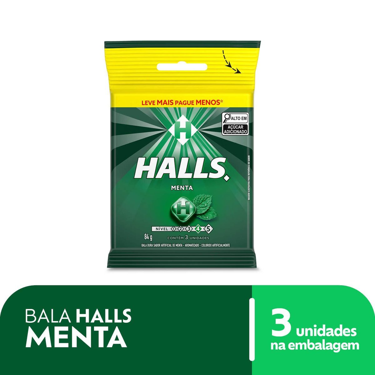 Bala Menta com 3 Unidades HALLS Pacote 84g