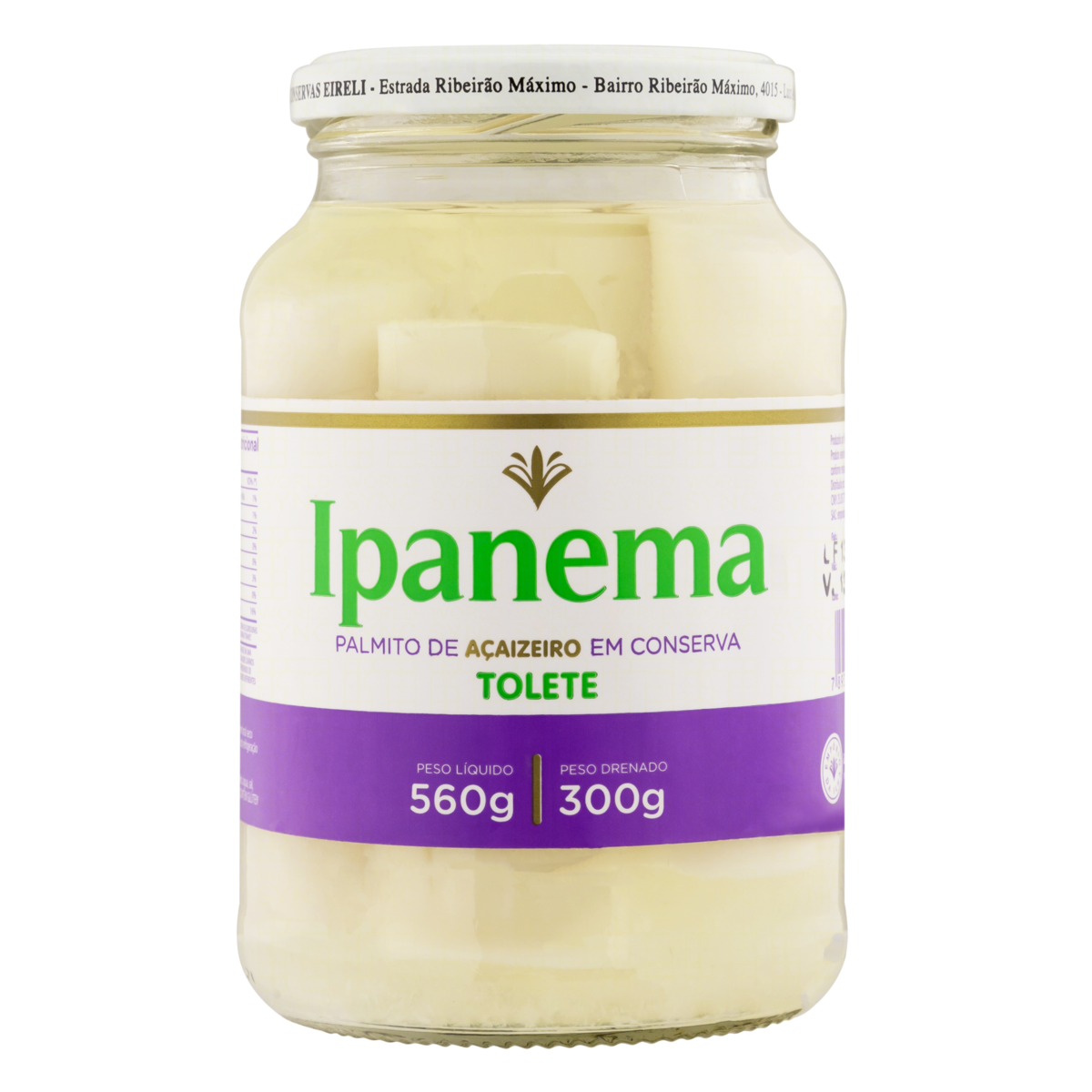 Palmito de Açaizeiro em Conserva Tolete IPANEMA Vidro Peso liquido 560g Peso Drenado 300g