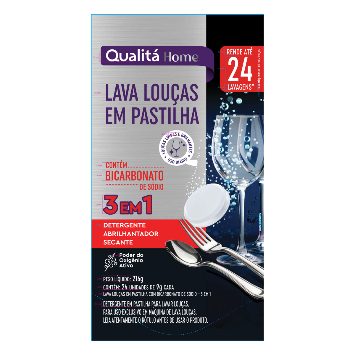 Lava-Louças Pastilha para Máquina 3 em 1 Qualitá Home Caixa 216g 24 Unidades