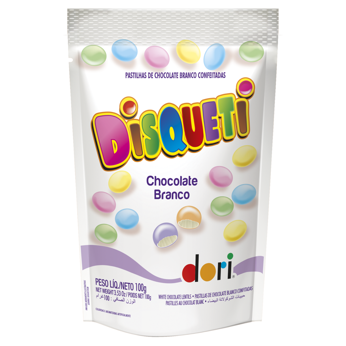 Pastilha de Chocolate Branco Dori Disqueti Sachê 100g