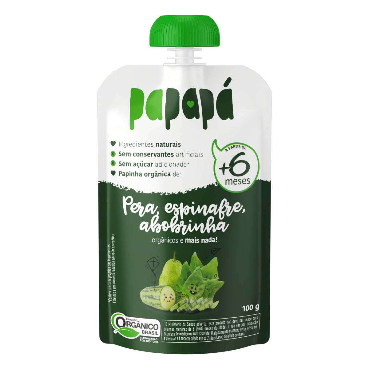 Papinha Orgânica Pera, Espinafre, Abobrinha Papapá Squeeze 100g