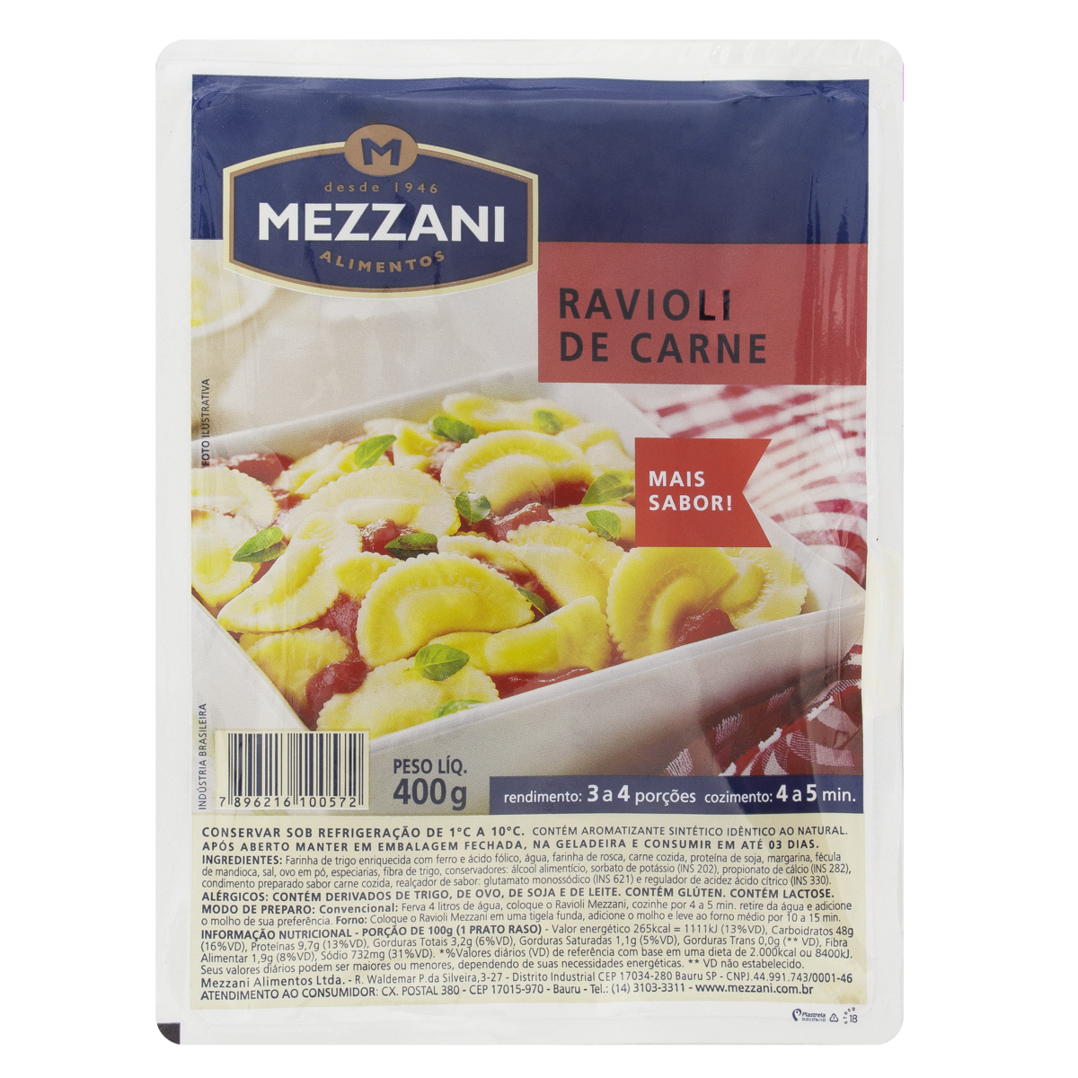 Ravióli Carne Mezzani Bandeja 400g
