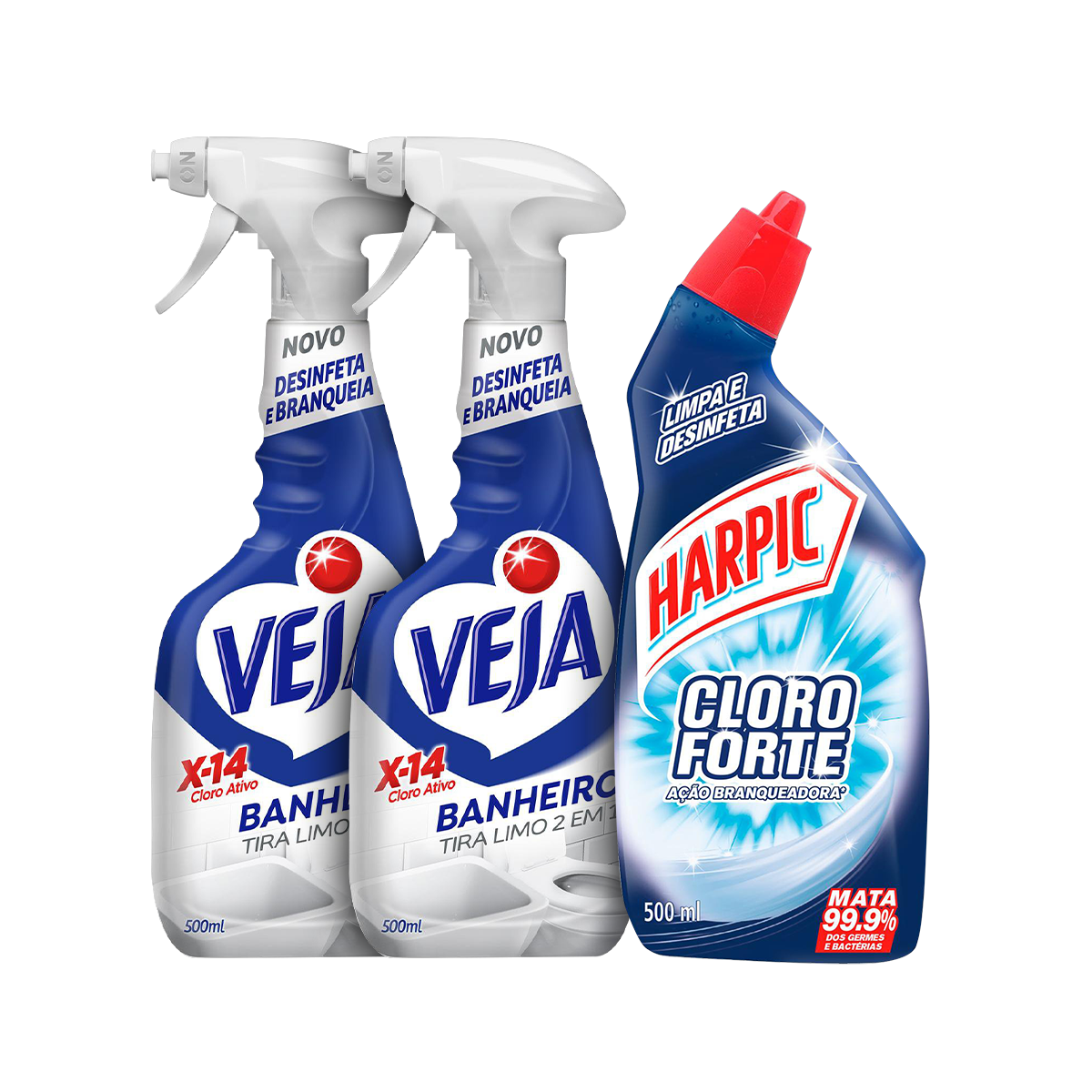 Kit 2 Spray Tira Limo Veja Banheiro X14 500ml Refil + Desinfetante Líquido Harpic Cloro Forte 500ml