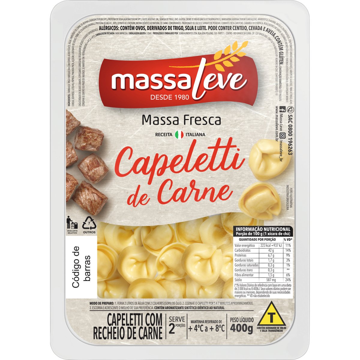 Capeletti com Recheio de Carne MASSA LEVE 400g