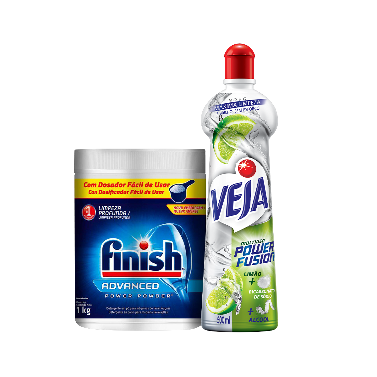 Kit Detergente para Lava Louças em Pó Finish 1kg + Limpador Multiuso Veja Power Fusion Limão 500ml