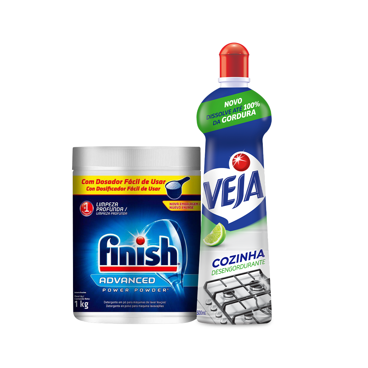 Kit Detergente para Lava Louças em Pó Finish 1kg + Desengordurante Spray Veja Cozinha Limão 500ml Oferta