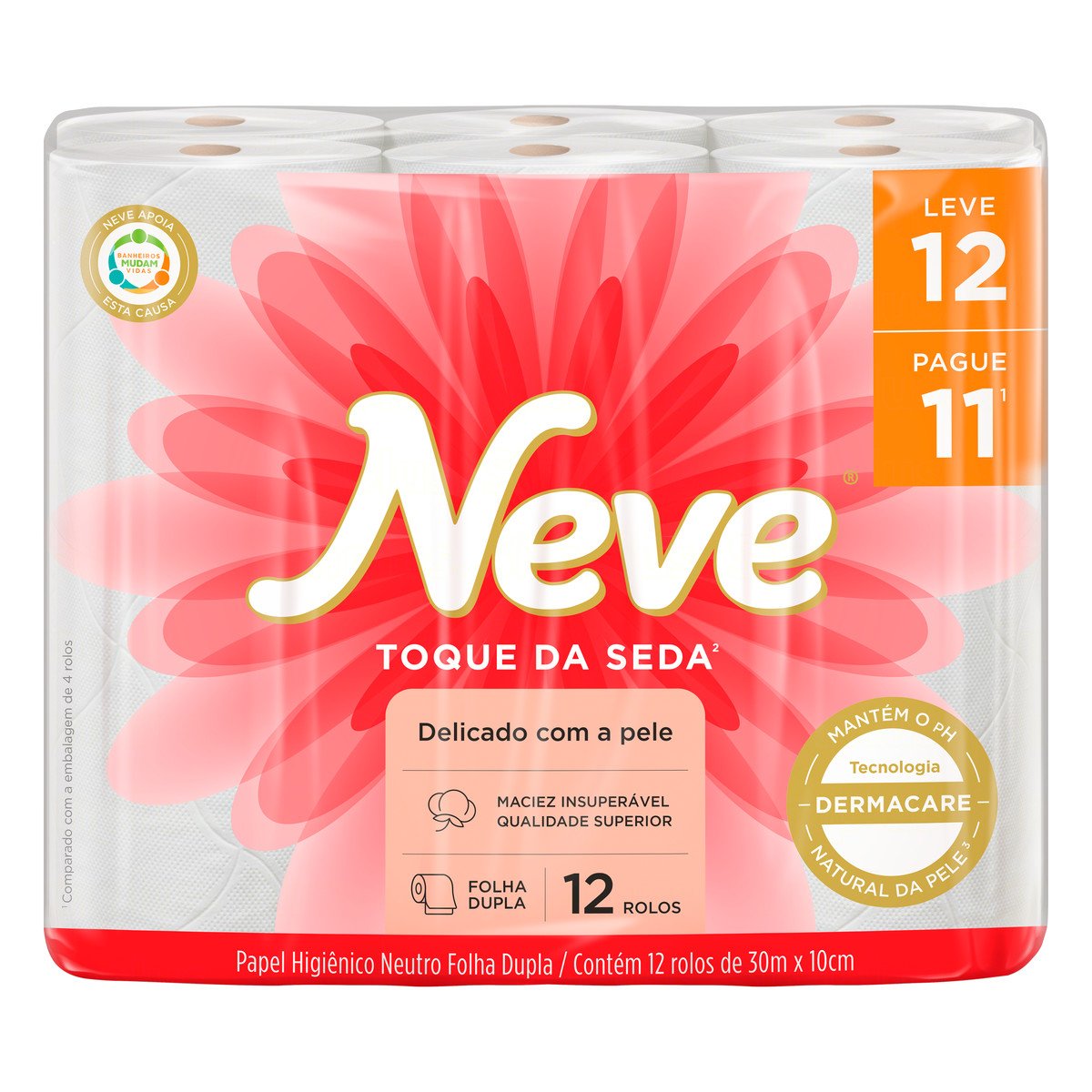 Papel Higiênico Folha Dupla Neutro Neve Toque da Seda 30m Pacote Leve 12 Pague 11 Unidades