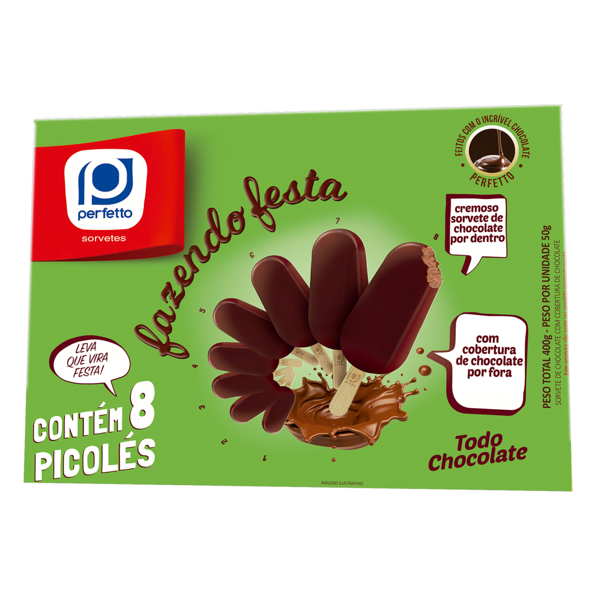Pack Picolé Chocolate Cobertura Chocolate Perfetto Fazendo Festa Caixa 400g 8 Unidades