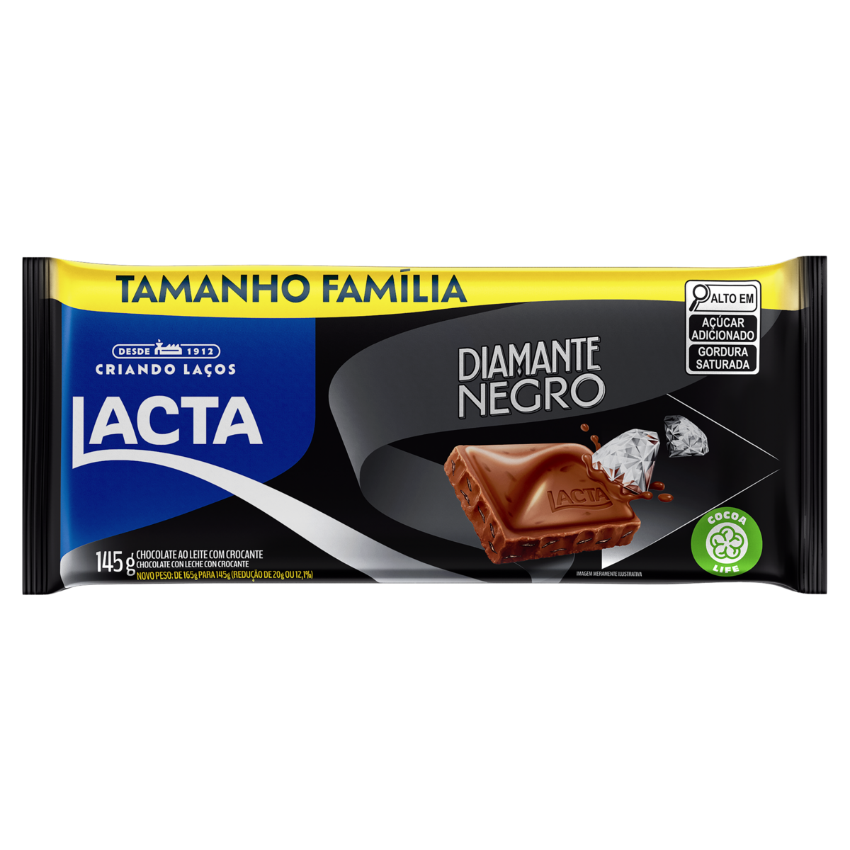 Chocolate ao Leite Crocante Lacta Diamante Negro Pacote 145g Tamanho Família