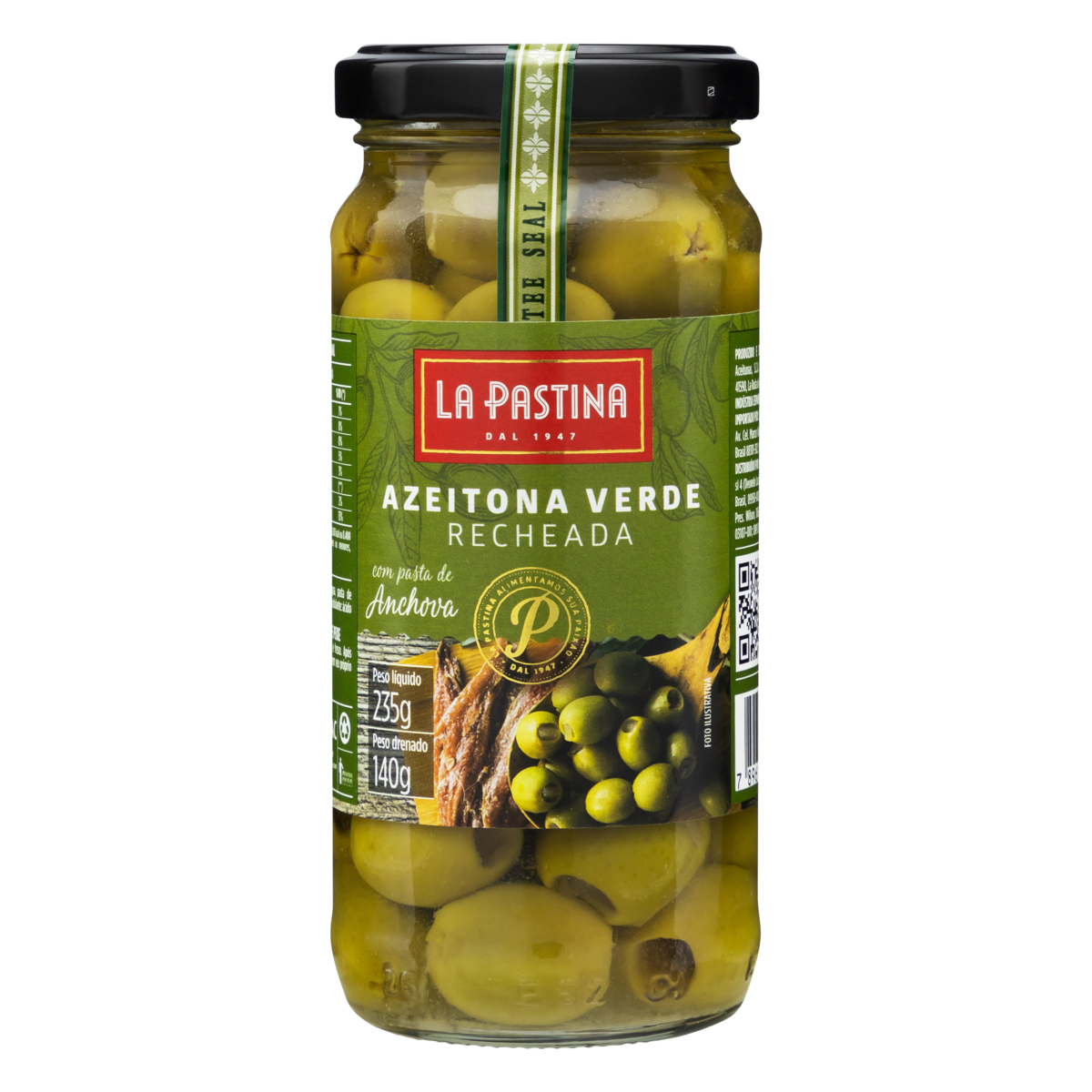 Azeitona Verde em Conserva Manzanilla Recheio Pasta de Anchovas La Pastina Vidro 140g