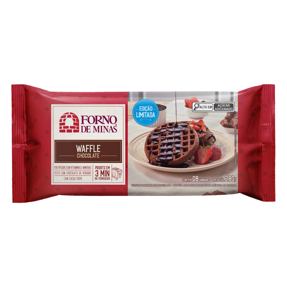 Waffle Congelado Chocolate Forno de Minas Pacote 280g 8 Unidades