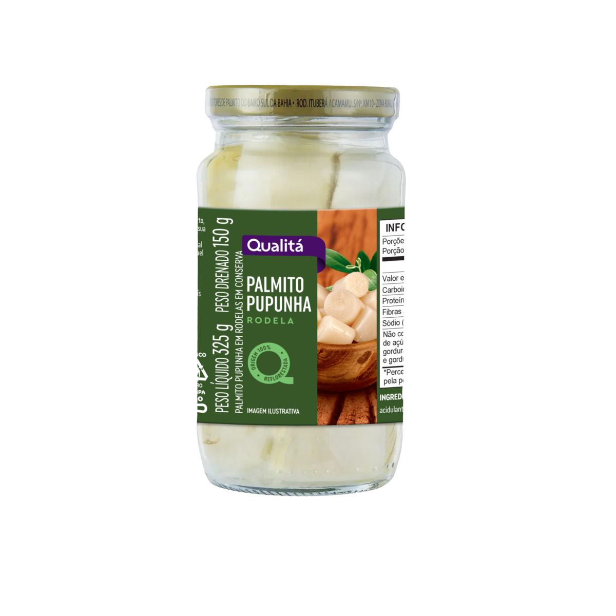 Palmito Pupunha em Rodela QUALITÁ Vidro Peso liquido 325g Peso Drenado 150g