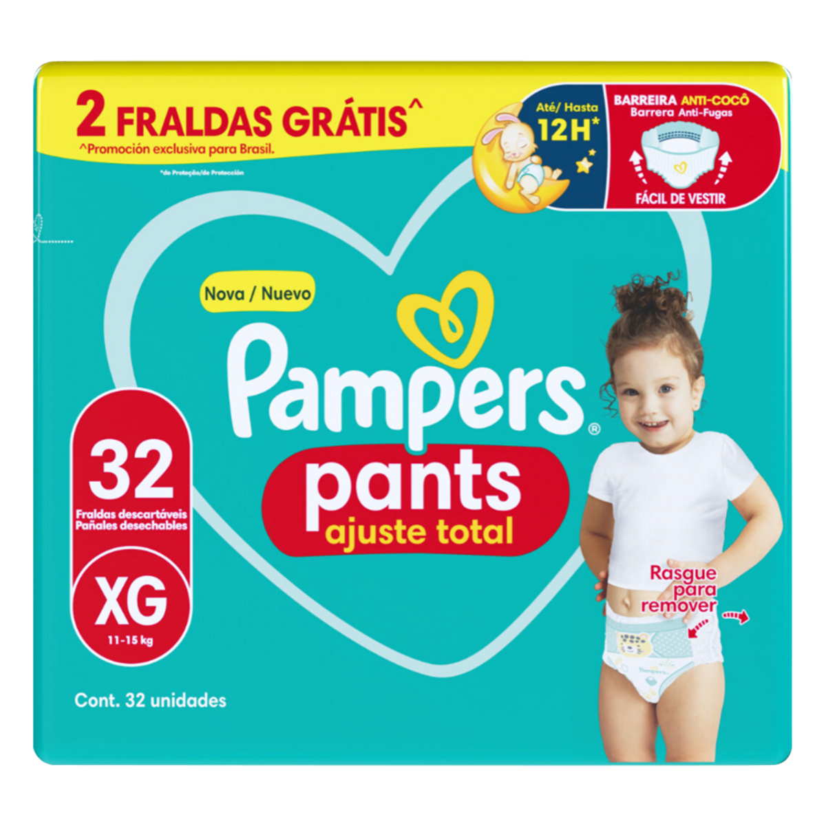 Fralda Descartável Infantil Pants Pampers Ajuste Total XG Pacote 32 Unidades Grátis 2 Fraldas