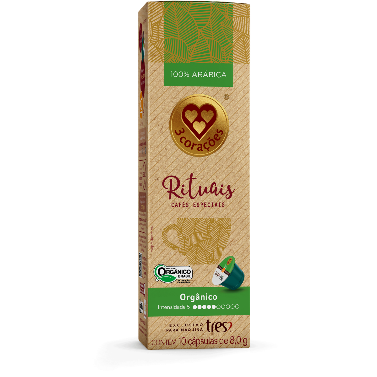 Café em Cápsula Torrado e Moído Orgânico 3 Corações Gourmet Caixa 80g 10 Unidades