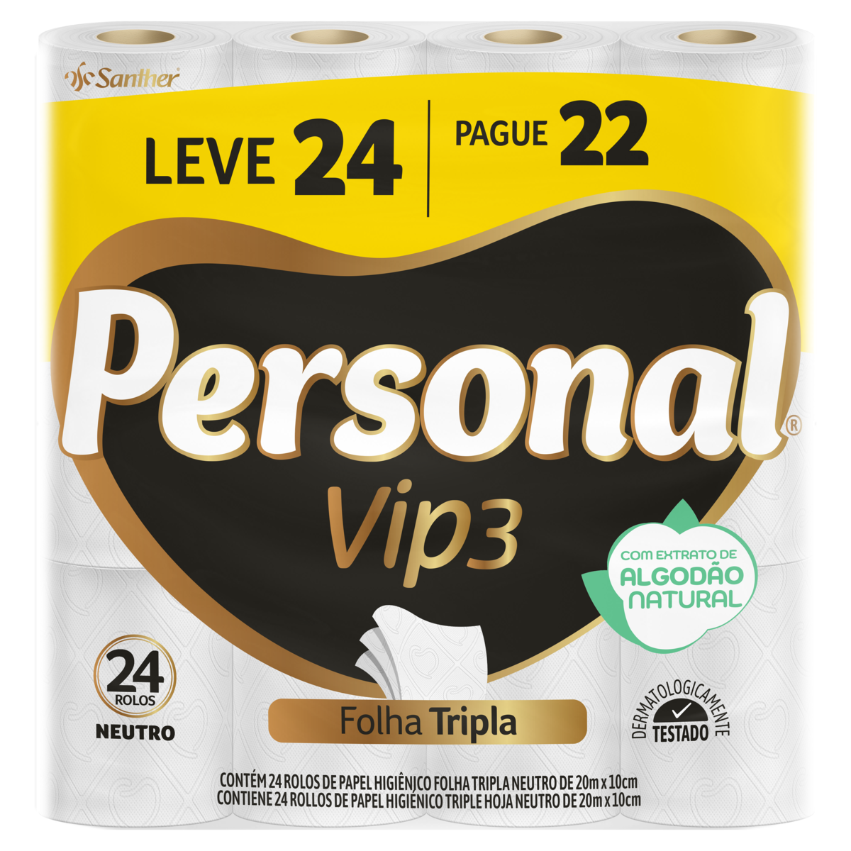 Papel Higiênico Folha Tripla Neutro Personal Vip3 20m Pacote Leve 24 Pague 22 Unidades