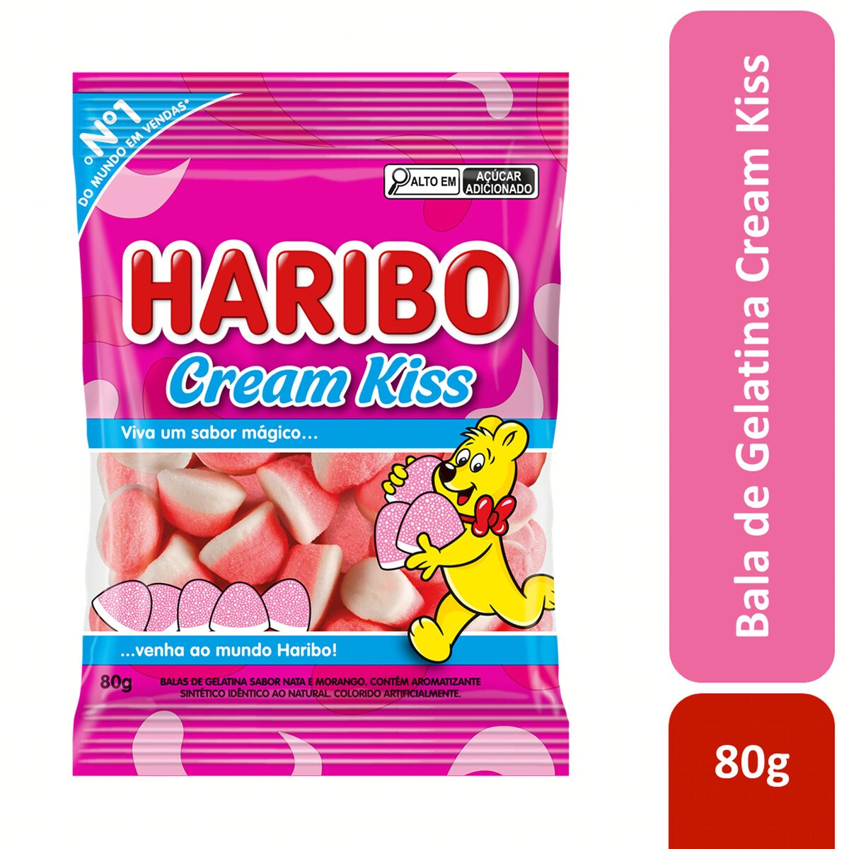 Bala de Gelatina Nata e Morango Cream Kiss Haribo Pacote 80g