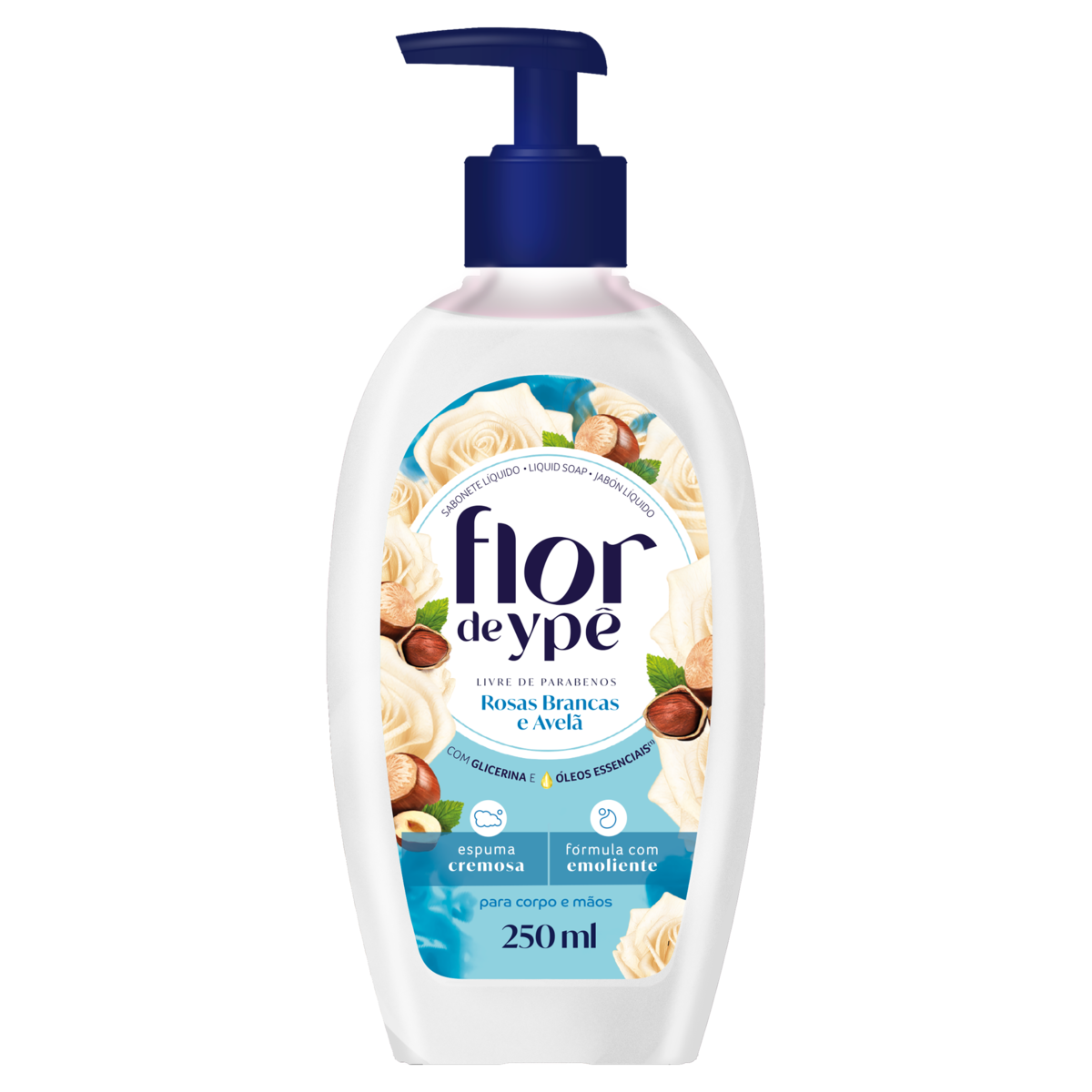 Sabonete Líquido Mãos e Corpo Rosas Brancas e Avelã Flor de Ypê Frasco Pump 250ml